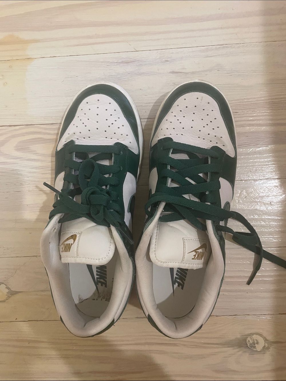Nike White and Green Low Top Dunks with Gold Tongue Logo
